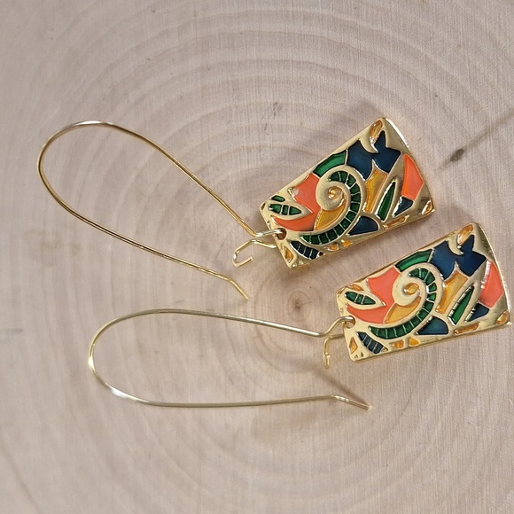 Boho Mosaic Enamel Gold Multicolor Abstract Dangle Earrings – Statement Jewelry - Picture 3 of 5